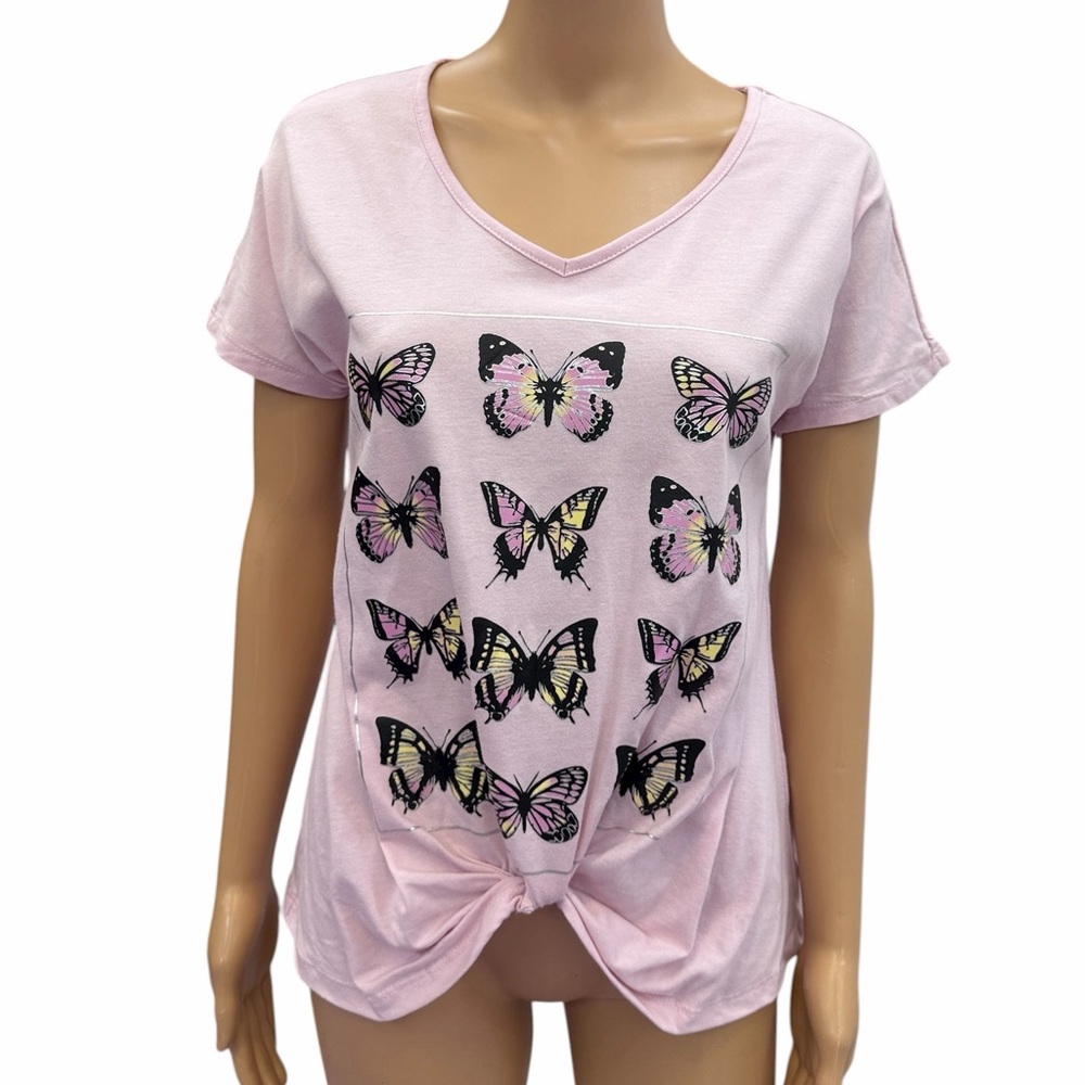 Delusional Pink V Neck Butterfly Print Knot Front Graphic Tee Womens Small